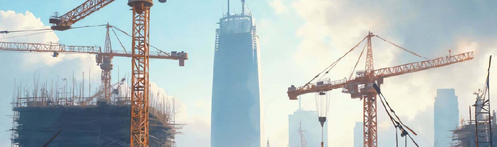 Tower cranes over a developing city skyline
