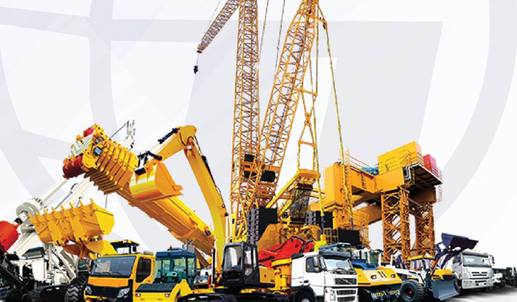 Fleet of heavy construction machinery including excavators and wheel loaders